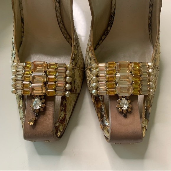 Vintage Christian Dior python square toe Jeweled gold sling back stiletto - Picture 6 of 16